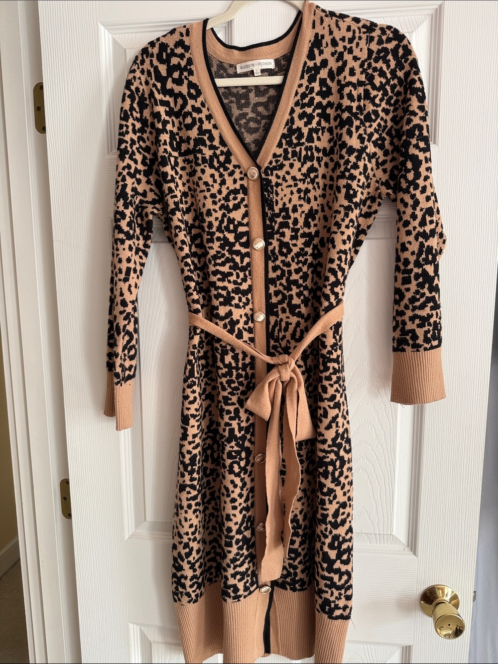 Black and Tan Leopard-Print Knit belted long cardigan xl sweater sku12